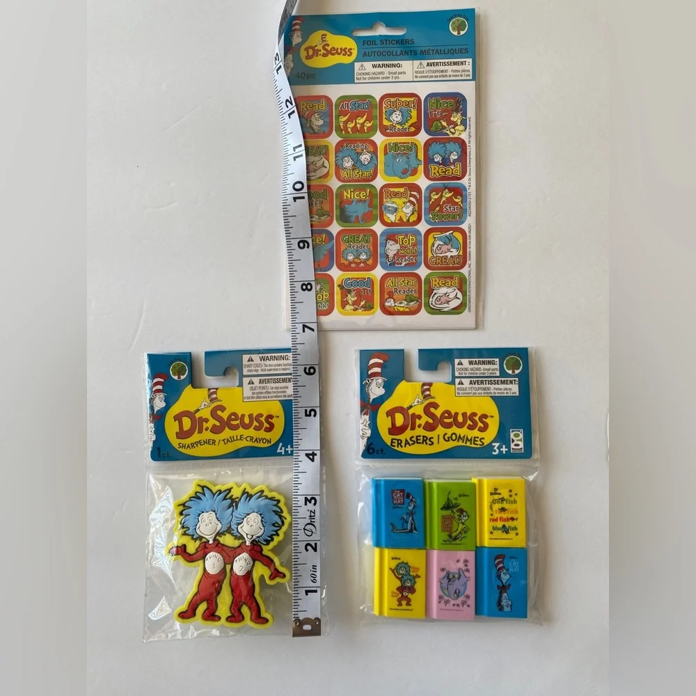 3 Pk Dr. Seuss 1 sharpener 6 erasers & 1 pack of‎ stickers kit kids school learn